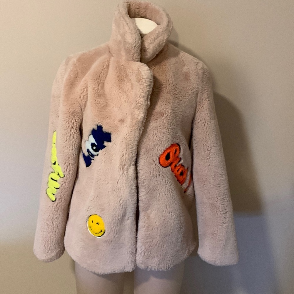 Casting LA Faux Fur Pink Coat Jacket with stickers size S
